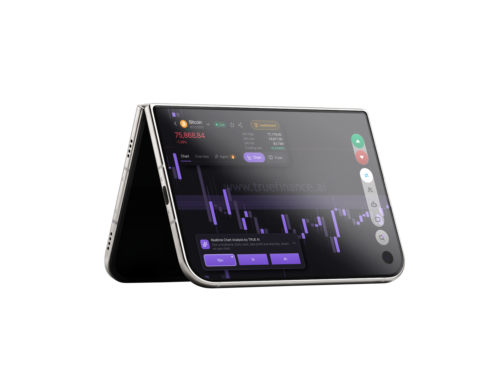 TRUE Finance trading interface on a foldable phone